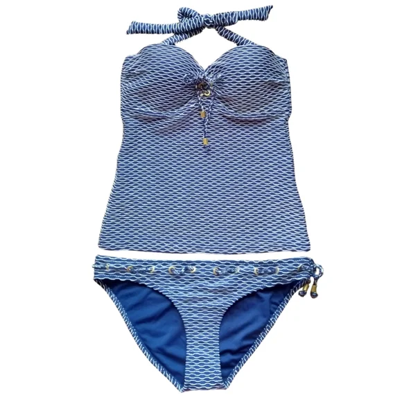 JESSICA SIMPSON Set Tankinki Swimsuit Navy White Two Pieces - Picture 2 of 11